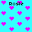 Pixelated cyan background with scattered pink hearts and repeated black text "Rosie" in a pattern