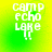 Pixelated text 'camp echo lake !!' on a green-yellow gradient background with subtle color shifts across four