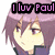 Pixelated character with purple hair and light skin, wearing dark clothing, under pink text reading 'I luv Paul' on black background.