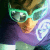 Pixelated close-up of a person wearing green-framed glasses, purple clothing, and brown hair with visible highlights.