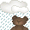 Pixelated brown bear with closed eyes under white cloud, light blue raindrops on gray background; three views show varying cloud size and bear head position.