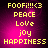 Yellow pixelated text on a magenta gradient background with four identical showing 'FOOFI!!!<3 PEACE Love joy HAPPINESS' in all capital letters