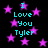 Black background with scattered purple stars and cyan text reading "I Love You Tyler" in multiple positions.