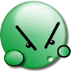Green cartoon head with angry expression, two black diagonal eyes, and three green circular shapes on a gray background.