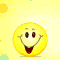 Yellow circular face with dark red eyes and mouth, smiling on a yellow background with light blue accents.