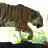 A pixelated brown tiger with black stripes walks left to right against a white background, its head turned slightly downward.