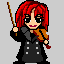 Pixel art character with long red hair and black coat playing violin, shown in multiple poses including front, side, and back views.