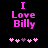 Pixelated pink text "I Love Billy" on black background with five heart symbols below, two versions differ in heart color sequence.