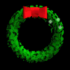 Green wreath with red bow and white dots, arranged in a pattern on black background