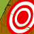 Animated contact sheet showing six sequential frames of a red and white bullseye target with an arrow hitting the center, set against a brown tree trunk background on green grass.