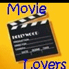 Two side-by-side frames show a clapperboard with 'Movie' text above and 'Lovers' below, one on yellow background, the other on blue.