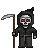 Pixel art depiction of a hooded figure with a skeletal face holding a scythe against a gray background.