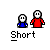 Pixel art of two figures with blue and red clothing, some frames showing text bubbles with words like 'Short', 'HOW THE', 'WEATHER', 'DOWN', 'THERE?', and '50...'