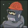 Gray robot with yellow eyes and a red hard hat against a dark background with white speckles.