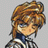 Pixelated character with brown hair in a bun, blue eyes, and a checkered outfit against a gray background, next to black with white text