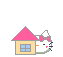 Pixel art of a white cat with pink bow peeking from behind a yellow house with pink roof, showing four variations in speech bubble text and facial expression.