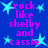Blue background with cyan star shapes and pink text reading "rock like shelby and cassie" in pixelated font.