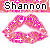 Pixelated lips with pink and white sparkles, text "Shannon" above each lip set on a red background.