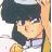A pixelated anime-style character with short dark hair and a dark headband, wearing a light-colored top with a white collar, holding a small object near their face.