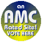 Two circular icons with blue top halves and yellow-green gradients, displaying 'an AMC Rated Site! VOTE HERE' text, one with 'Win CD's!' overlay.