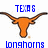 Pixelated image of a longhorn steer head with large curved horns, blue text above and below reading 'TEXAS' and 'longhorns' on white background.