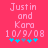 Pixelated text and symbols on a solid pink background with two identical static frames showing 'Justin and Kara 10/9/08' and five blue/purple asterisks.
