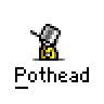 Animated contact sheet of a pixelated character performing various poses with the text "Pothead" beneath each frame, set against a gray background.