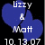 Four heart-shaped icons with text 'Uzzy & Matt' and date '10.13.07', each in distinct colors: blue, purple, pink, red.