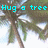 Pixelated tree image with cyan text overlays reading "Hug a tree" and "Not a boy" across two , plus a heart symbol in the lower-left