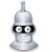 Pixelated silver robot head with black visor and two white circular eyes on a white background.