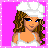 Pixel art contact sheet showing four frames of an animated icon featuring a cartoon woman with brown hair, blue eyes, and white attire against a pink background, including text reading "i rule u suck".