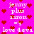 Pixelated pink background with red hearts and white text reading 'jenny plus aaron = 's love 4eva' in multiple repeated arrangements.