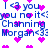 Pixelated blue text and pink hearts on white background, repeating phrases like "I <3 you" and "you no it's", with names "Channing Morgan" in a static pattern.