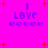 A bright pink background with red plus signs and blue text reading "I LOVE" above a of five circular icons