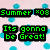 Pixelated summer-themed buddy icon with text overlays and beach-related imagery including a bikini-clad figure, sunglasses, flip-flops, ocean waves, and palm trees.