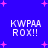 Blue background with pink starbursts and repeated white text 'KWPAA ROX!!' in pixelated font.