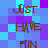 Pixelated text on a blue-purple checkered background cycles through 'Just', 'HAVE', and 'FUN' in brown serif font.