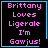 Four identical pixel-art with black backgrounds, cyan borders, and pink text reading "Brittany Loves Ligerole I'm Gawjus!" with one showing a cyan heart and another a cyan star