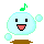 Four pixelated light blue circular characters with black square eyes, each displaying different expressions and musical note colors above their heads.