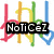 Three distinct static images of the text 'NoTiCeZ' overlaid on different backgrounds: colorful abstract shapes, a purple cartoon character, and a cupcake.