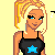 Pixel art of a blonde woman in black star-patterned clothing with blue accents, standing beside partial views of matching pants and boots on a yellow background.