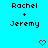 Pixelated text displays 'Rachel + Jeremy' on a cyan background with two red heart icons below.