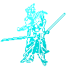 Pixel art animation of two characters in various poses holding a long sword, with one character glowing cyan in the first frame.