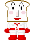 A pixelated character with a bread-shaped head, red and white outfit, pink cheeks, and changing facial expressions