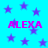 Cyan background with scattered purple stars and four instances of the word ALEXA in bright pink block letters.