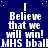 Blue background with white pixelated text repeating 'Believe that we will win! MHS bball' in a pattern, featuring small white dots scattered across the surface