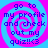 Four identical pixelated display blue text on a pink and cyan spiral background with the phrase 'go to my profile and check out my quiz!!<3' in each