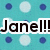 Pixelated teal background with four circular shapes and bold black text reading "Janel!!!" in white outline.