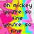 Pixelated text on a rainbow gradient background with pink heart shapes, displaying phrases about 'mickey' in two animated states.