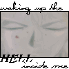 A sequence of animated frames showing a face with closed eyes opening to reveal blue eyes, accompanied by repeated text above and below.